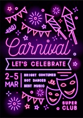 Colorful carnival party promo poster vector flat illustration. Bright flyer or invitation template with glowing neon lines on black background. Announcement with fireworks, masks and place for text