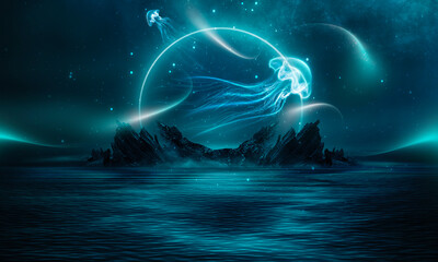 Night fantasy natural landscape with mountains and ocean. Night sky, stars and silhouettes of neon jellyfish. Dark futuristic landscape in blue neon light.