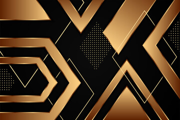 Poster - Luxury dark background with soft golden lines and abstract shape. Vector graphic illustration. circle pattern, triangle, diagonal, and hexagon shapes element design. 