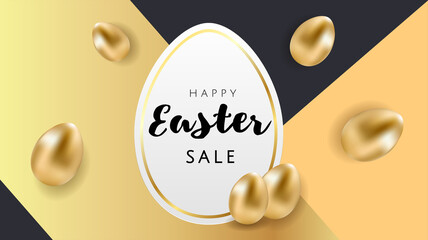 Wall Mural - Happy Easter luxury banner background template with beautiful golden eggs on black and gold geometric background. Happy Easter greeting card. Vector illustration