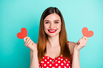 Poster - Portrait of cheerful dream dreamy girl hold small paper card heart she get her boyfriend on 14-february date holiday wear sundress isolated over turquoise color background