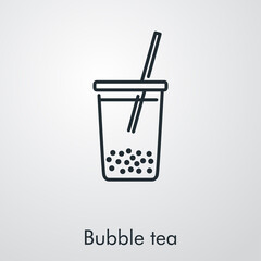 Sticker - Té con tapioca en vaso de plástico. Icono plano lineal con texto Bubble tea en fondo gris