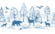 © GaliChe - Sketch vector horizontal seamless border from trees and animals. Blue animals silhouettes and forest isolated on white background. Deer, hare, fox, hedgehog, wolf, bear and birds
