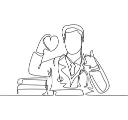 Poster - One line drawing of young happy male doctor holding heart replica on his hand and giving thumb up gesture. Healthy lifestyle healthcare concept. Medical continuous line draw design vector illustration