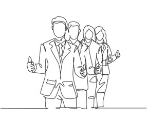 Wall Mural - single line drawing group of line up young happy businessmen standing up together and giving thumbs 