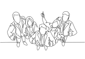 Poster - single line drawing group of line up young businessmen and businesswoman standing up together giving