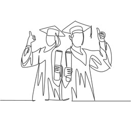 Poster - One line drawing of young happy couple male and female student wearing graduation uniform and holding the diploma certificate paper. Education concept continuous line draw design vector illustration