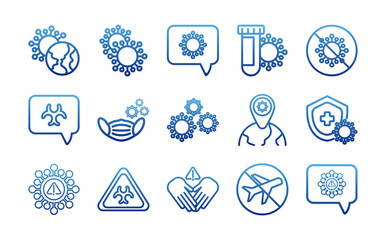 Sticker - set of icons coronavirus protection, protective measures, coronavirus symptoms, degraded line style icon