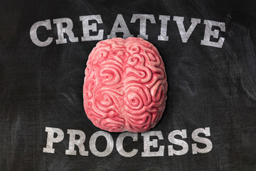 Wall Mural - human brain with creative process message on a blackboard