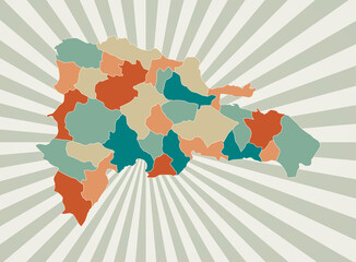 Wall Mural - Dominicana map. Poster with map of the country in retro color palette. Shape of Dominicana with sunburst rays background. Vector illustration.