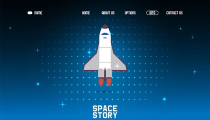 Wall Mural - Space story webpage, rocket flight result vector illustration. Landing banner site about travels outside Earth's orbit, study new cosmic bodies, planets, comets, stars. Astronomical circle home page.