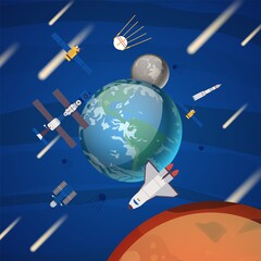Wall Mural - Space result, varieties artificial satellites around earth vector illustration. Rocket flight in space, moon natural planet satellite. Travel in solar system, Mars. Bright comet fly around space body.