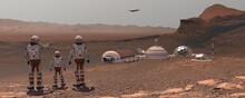 Family Colonists Immigrants To Mars, A Man, A Woman And A Child Admire The Martian Landscape, The City And The Spaceship. Exploring Mission To Mars. Elements Of This Video Furnished By NASA.