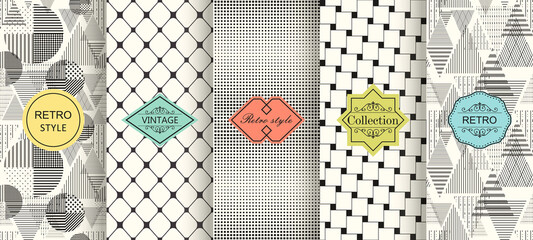 Aufkleber - Set of seamless geometric patterns with trendy modern colorful labels. Shabby chic. Vector geometric seamless textures with circles, triangles, stripes.