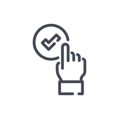 Poster - Correct selection line icon. Hand picking checkmark vector outline sign.