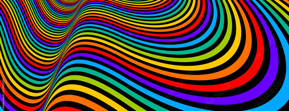 Colorful rainbow abstract vector lines psychedelic optical illusion illustration, surreal op art linear curves in hyper 3D perspective, crazy distorted design, drug hallucination delirium, - obrazy, fototapety, plakaty 