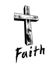 Faith concept with old wooden Christian cross vector metaphor illustration isolated on white, belief and hope, religion salvation theme.