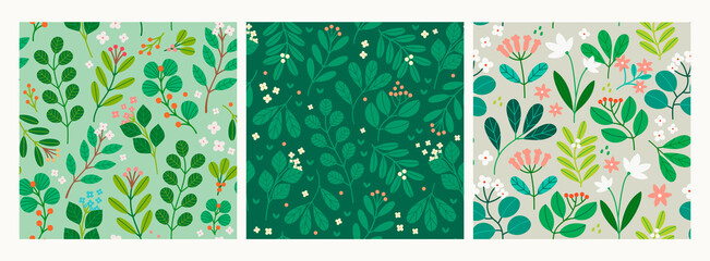 Wall Mural - various branches, flowers, leaves, berries. hand drawn vector illustration. square repeating designs