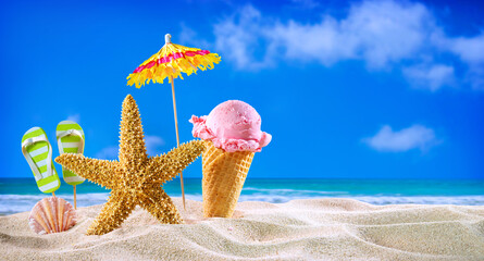 Wall Mural - Ice creams cones and seashells in the sand on the beach