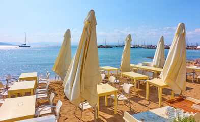 Open-air cafe on the beach in Greece