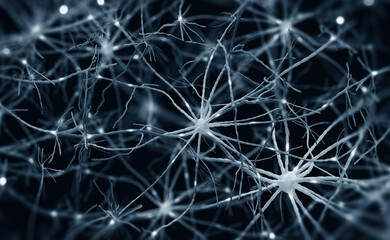 Aufkleber - Brain under microscope 3D illustration. Neural connections, neural network, electrical impulses in brain