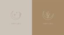 Delicate Linear Logos Depicting The Moon. Vector Illustration In Gentle Colors Of A Logo For A Female Business. Mental Health And Psychology, Beauty, Self-care, Health, Aculism, Mysterious Signs.
