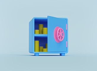 Aufkleber - minimal cartoon style pastel design. Opened safe with stack of gold coins isolated. Saving money and Bank deposit concept. 3d rendering