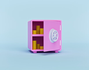 Aufkleber - minimal cartoon style pastel design. Opened safe with stack of gold coins isolated. Saving money and Bank deposit concept. 3d rendering