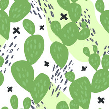 Minimal Summer Trendy Vector Tile Seamless Pattern In Scandinavian Style. Beaver Tail Cactus Opuntia Basilaris With Abstract Dots Elements. Textile Fabric Wrapping Graphic Design For Print.