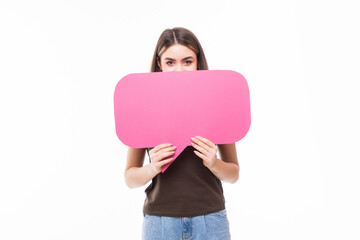 Wall Mural - Young beautiful girl holding a speech bubble for text, isolated on a white background