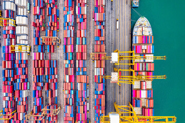 Fototapete - Top view of Deep water port with cargo ship and containers. It is an import and export cargo port where is a part of shipping dock and export products worldwide