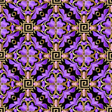 Vintage 3d Vector Seamless Pattern. Floral Ornamental Colorful Background. Baroque Style Violet 3d Ornaments. Golden Flowers, Mandalas, Lines, Leaves. Luxury Abstract Modern Design. Greek Key Meander