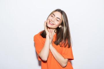 Wall Mural - Young smile woman standing isolated white background.