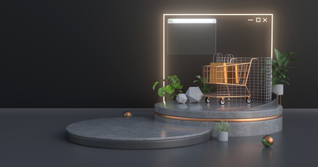 Wall Mural - The shopping cart is on a concrete podium and has a neon illuminated website icon on the back.  