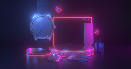 Wall Mural - Metal podium with fluorescent neon pink.  