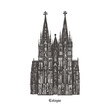 Cologne Cathedral (Kölner Dom). Roman Catholic cathedral in Cologne, Germany. Monument of German Catholicism and Gothic architecture. Vector hand drawn illustration isolated on white background.