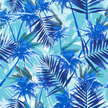 Tropical Palm Trees Seamless Pattern On A Blue Background