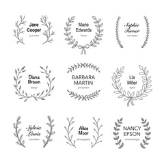 Wall Mural - Wreath logo vector collection. Hand drawn laurel wreath branding clipart set. Logotype template concept sample text