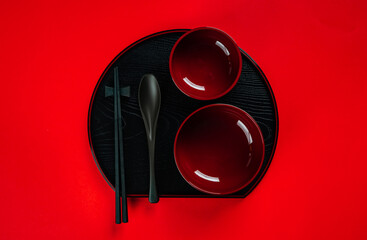 Wall Mural - bowl Kitchenware set on red background