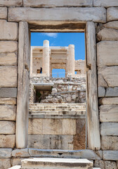 Athens, Greece. Propylaea in the Acropolis, monumental gate, spring sunny day.