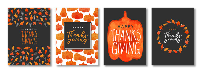 Happy Thanksgiving greeting card set of hand drawn watercolor autumn leaves and pumpkin vegetables. Harvest festival collection for fall season event.