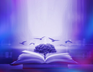 Poster - the concept of education by planting a tree of knowledge in the opening of an old book in the librar