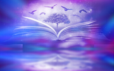 Poster - the concept of education by planting a tree of knowledge in the opening of an old book in the librar