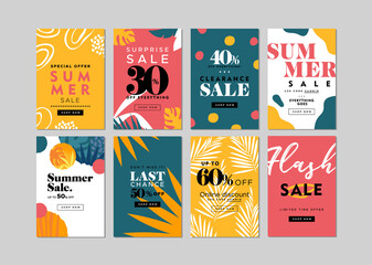 Summer sale banner collection of colorful retro tropical business template  with jungle palm tree leaves and hand drawn decoration on isolated background. Seasonal online store advertisement card.