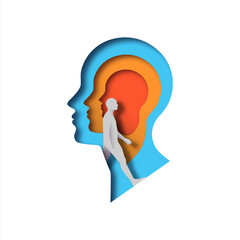realistic paper cut layered human head with man walking inside. colorful papercut man silhouette on 