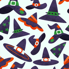 Wall Mural - Witch hat seamless pattern with halloween cartoon in hand drawn watercolor style. Cute icon  background for october holiday or fantasy concept.