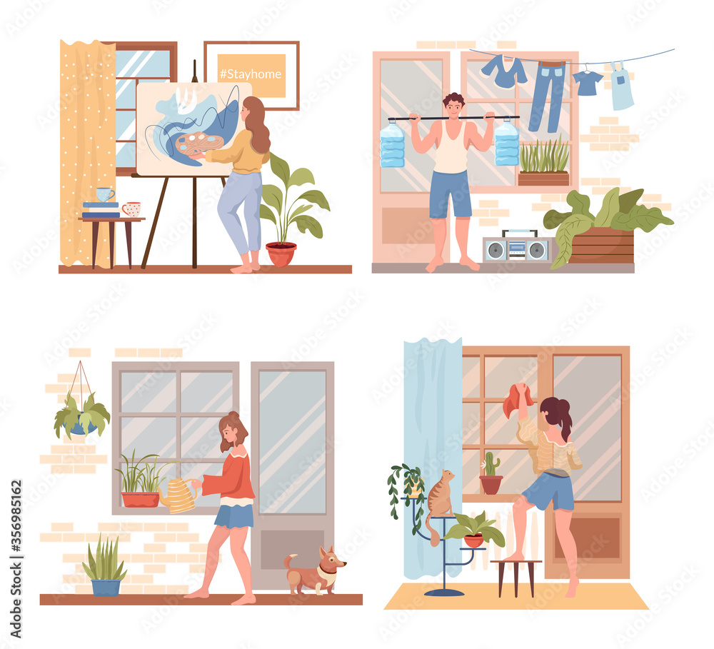 Spend time at home vector flat concept. Young people in comfortable ...