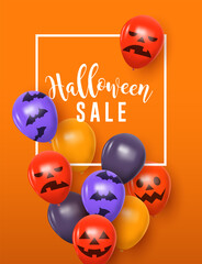 Wall Mural - Halloween sale template of funny pumpkin face balloons in realistic 3d style. October background for web store discount or spooky event.