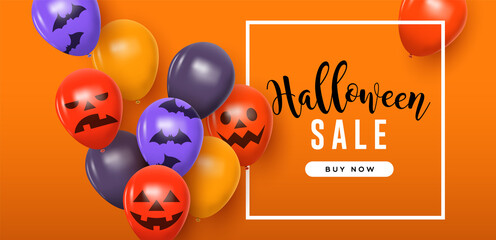 Wall Mural - Halloween sale template of funny pumpkin face balloons in realistic 3d style. October background for web store discount or spooky event.