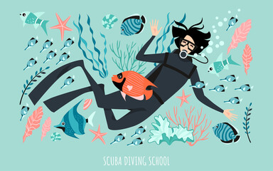 Wall Mural - Diving school banner template with a diver girl surrounded by fish, algae and other inhabitants of the coral reef.